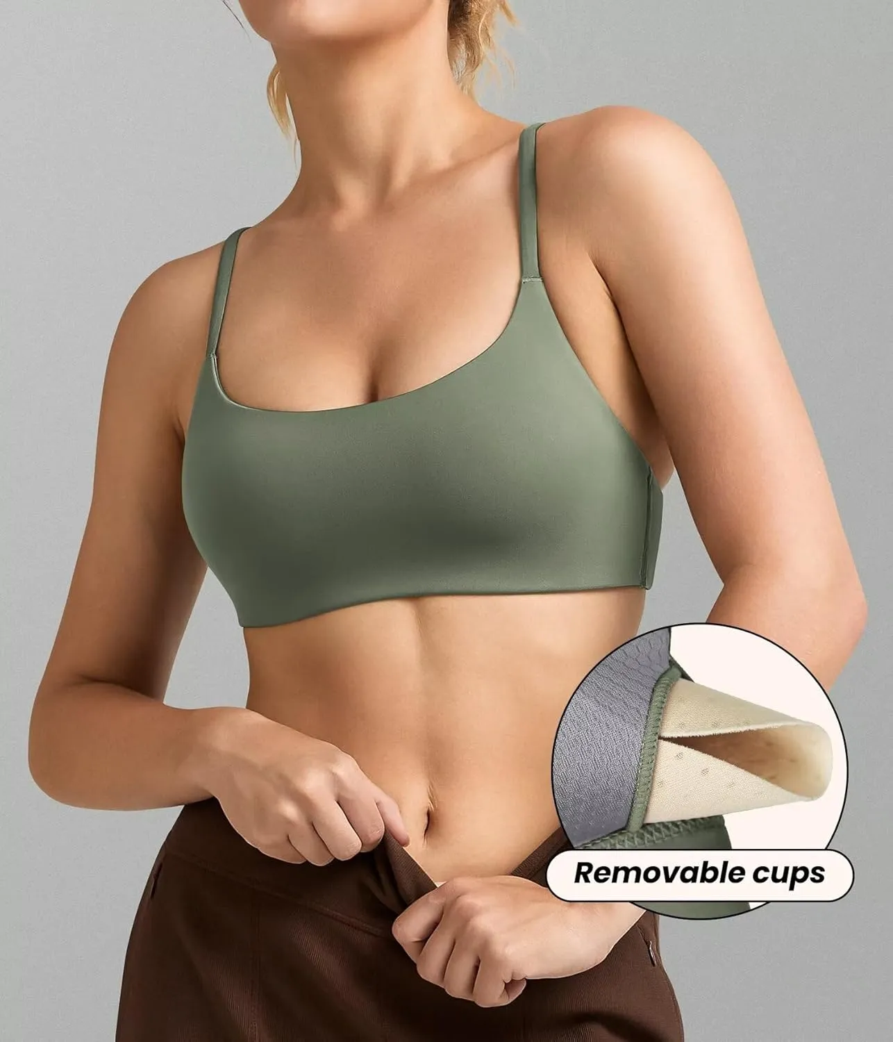 QUEENIEKE Womens Spaghetti Strap Sports Bras for Women Padded Yoga Bra Workout Wireless Crop Comfy Athletic Tops