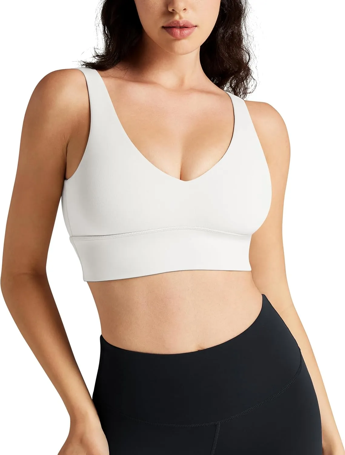 QUEENIEKE Women's V-Neck Sports Bra - U Back Medium Impact Wireless Padded Yoga Bra Crop Top for Workout