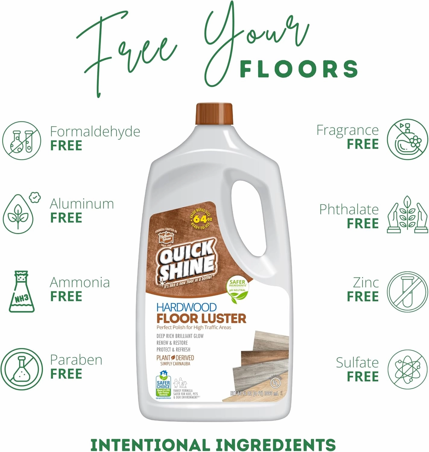 Quick Shine Hardwood Floor Luster 64oz | Plant-Based Cleaner & Polish w Carnauba | Simply Squirt & Spread | Don't Refinish It, Quick Shine It | Safer Choice Cleaner | Restore-Protect-Refresh