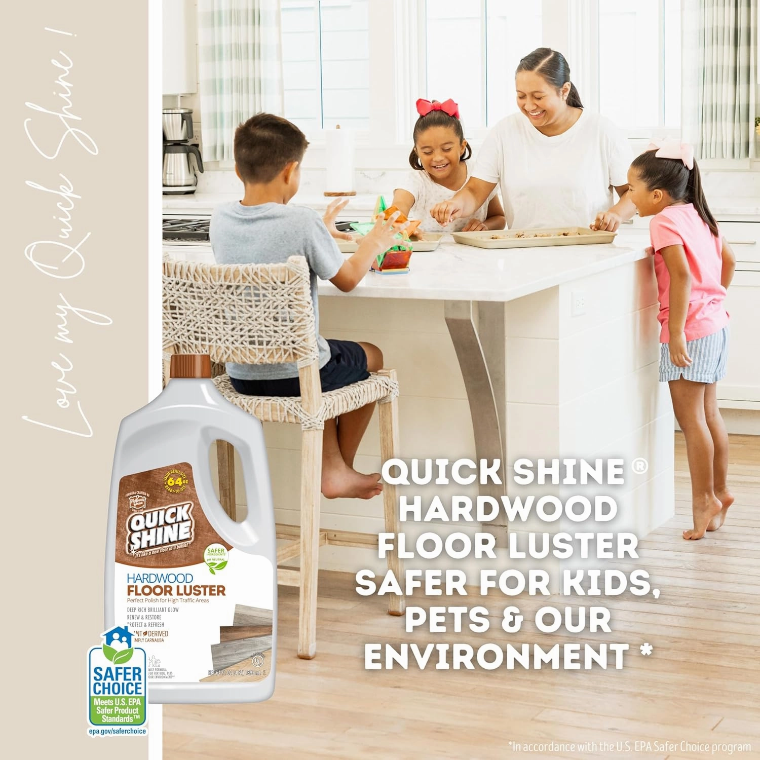 Quick Shine Hardwood Floor Luster 64oz | Plant-Based Cleaner & Polish w Carnauba | Simply Squirt & Spread | Don't Refinish It, Quick Shine It | Safer Choice Cleaner | Restore-Protect-Refresh