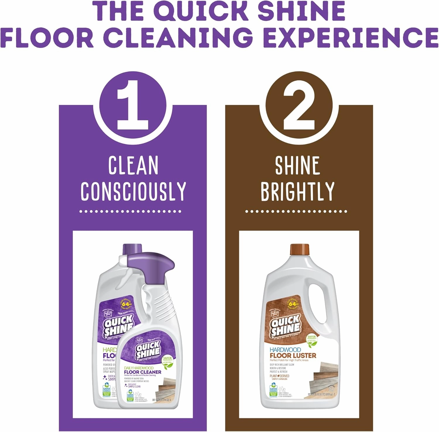 Quick Shine Hardwood Floor Luster 64oz | Plant-Based Cleaner & Polish w Carnauba | Simply Squirt & Spread | Don't Refinish It, Quick Shine It | Safer Choice Cleaner | Restore-Protect-Refresh