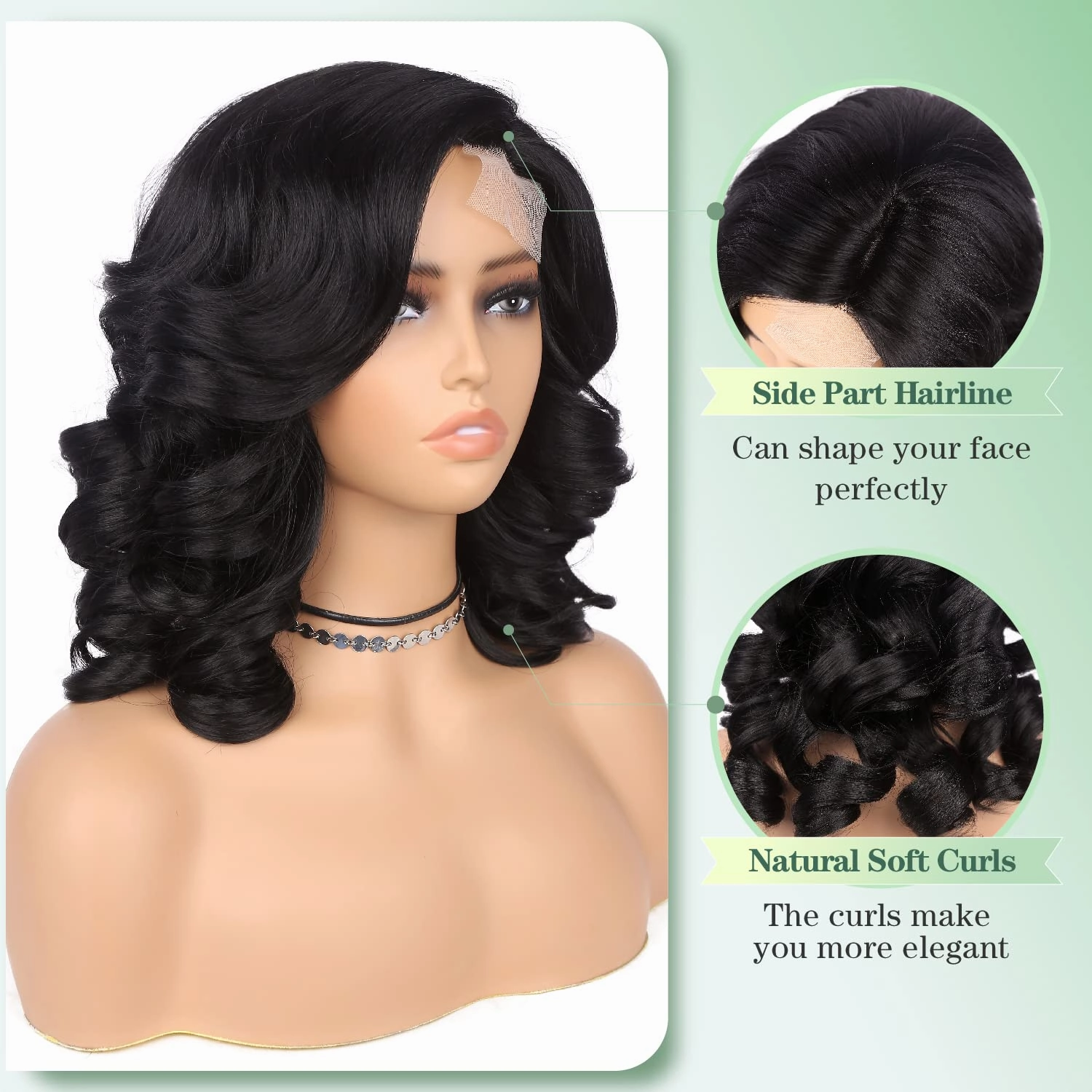 quickwig Short Body Wave Wig Glueless Short Wavy Bob Wigs Side Part Loose Wave Wigs for Women Shoulder Length Curly Synthetic Wig Lace Part Hair (Natural Black)