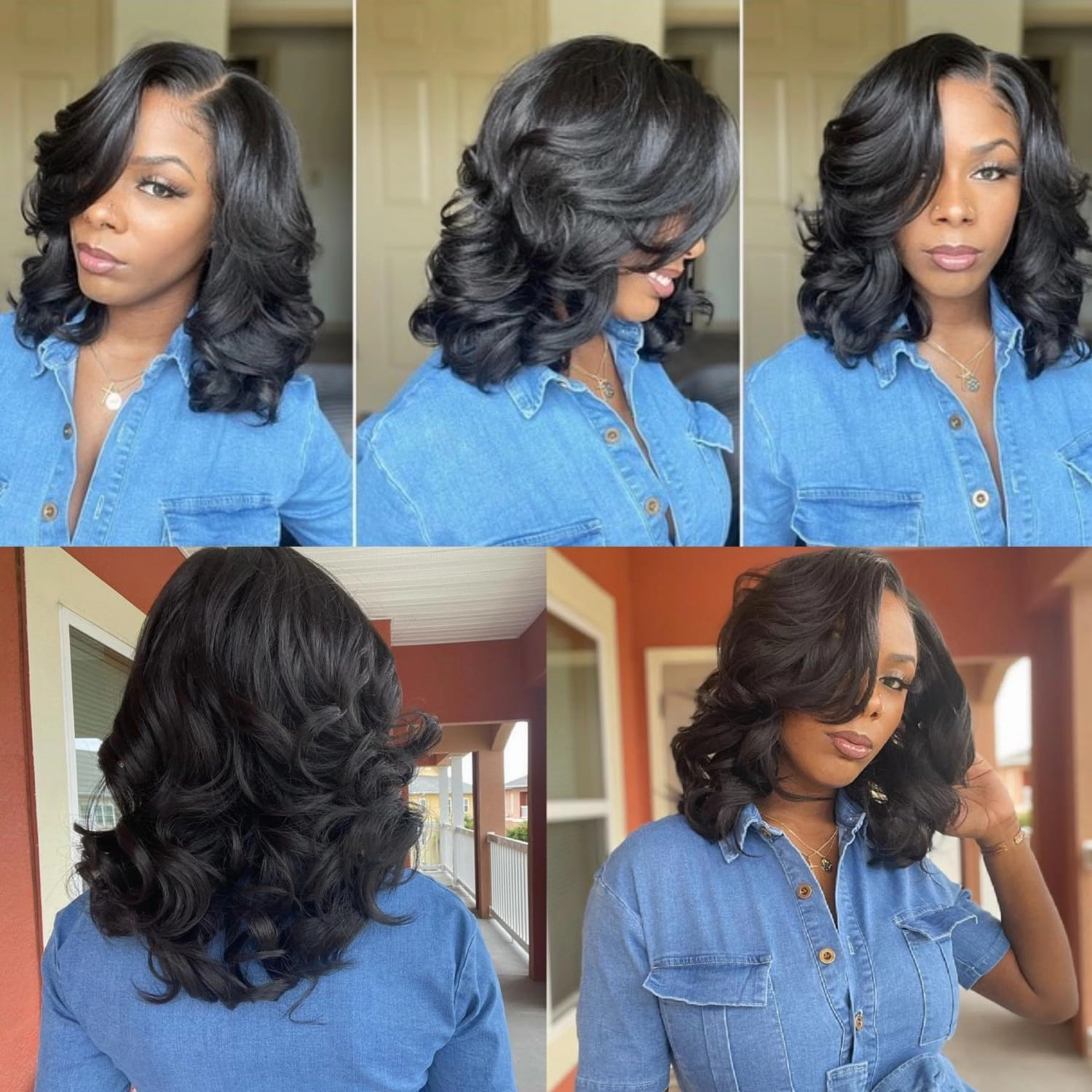quickwig Short Body Wave Wig Glueless Short Wavy Bob Wigs Side Part Loose Wave Wigs for Women Shoulder Length Curly Synthetic Wig Lace Part Hair (Natural Black)