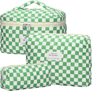 Quilted Makeup Bag Set - 3 PCS Cute Floral Cotton Makeup Bag, Large Coquette Aesthetic Make up Cosmetic Bag, Flower Travel Toiletry Organizer Bags for Women Girls (Checkered Green)