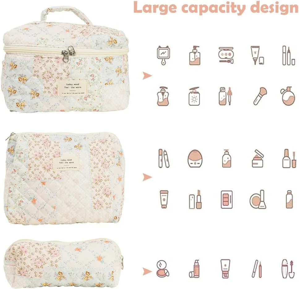 Quilted Makeup Bag Set, Cute Cotton Floral Makeup Bag, Aesthetic Coquette Toiletry Bag, For Travel Toiletry (Bee Flower)
