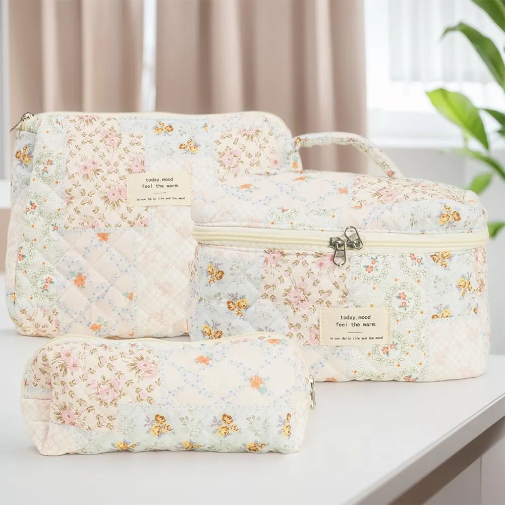 Quilted Makeup Bag Set, Cute Cotton Floral Makeup Bag, Aesthetic Coquette Toiletry Bag, For Travel Toiletry (Bee Flower)