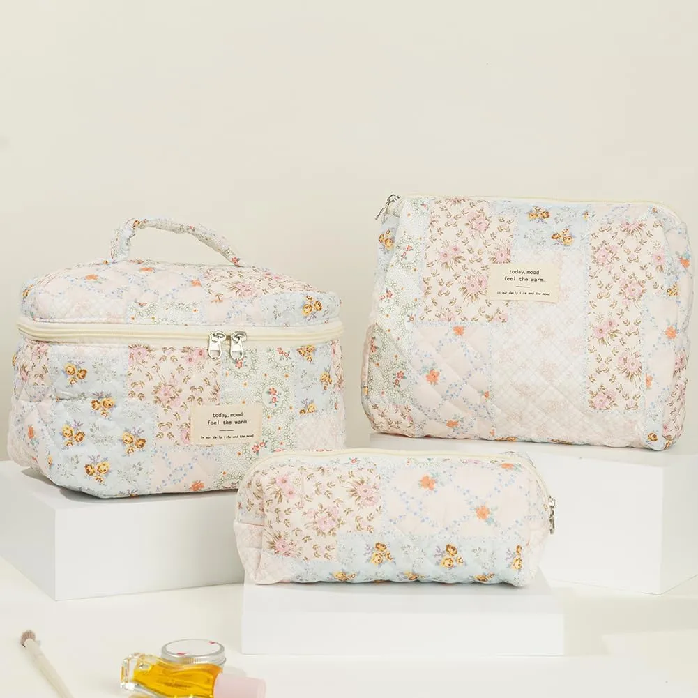 Quilted Makeup Bag Set, Cute Cotton Floral Makeup Bag, Aesthetic Coquette Toiletry Bag, For Travel Toiletry (Bee Flower)