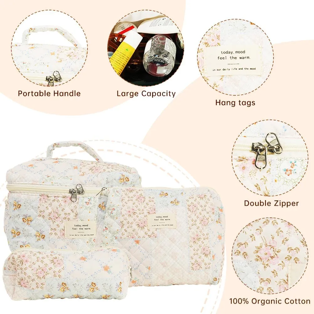 Quilted Makeup Bag Set, Cute Cotton Floral Makeup Bag, Aesthetic Coquette Toiletry Bag, For Travel Toiletry (Bee Flower)