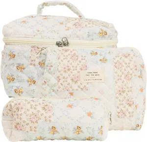 Quilted Makeup Bag Set, Cute Cotton Floral Makeup Bag, Aesthetic Coquette Toiletry Bag, For Travel Toiletry (Bee Flower)