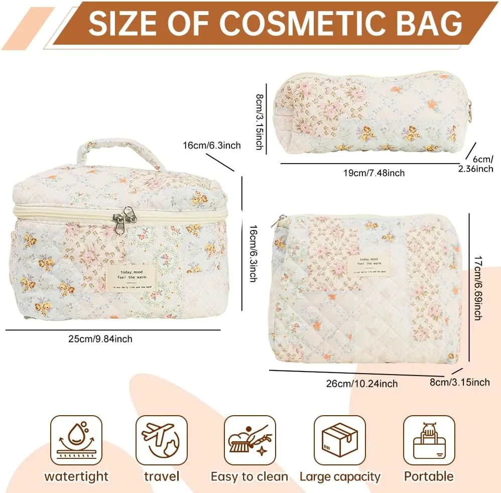 Quilted Makeup Bag Set, Cute Cotton Floral Makeup Bag, Aesthetic Coquette Toiletry Bag, For Travel Toiletry (Bee Flower)