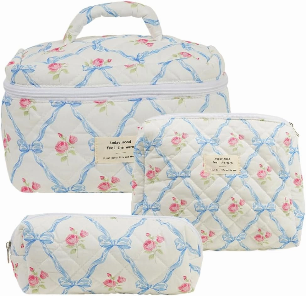 Quilted Makeup Bag Set, Cute Floral Cotton Makeup Bag, 3 in 1 Set, Travel Toiletry Bag, Bow Tie A