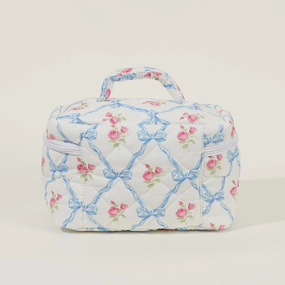 Quilted Makeup Bag Set, Cute Floral Cotton Makeup Bag, 3 in 1 Set, Travel Toiletry Bag, Bow Tie A