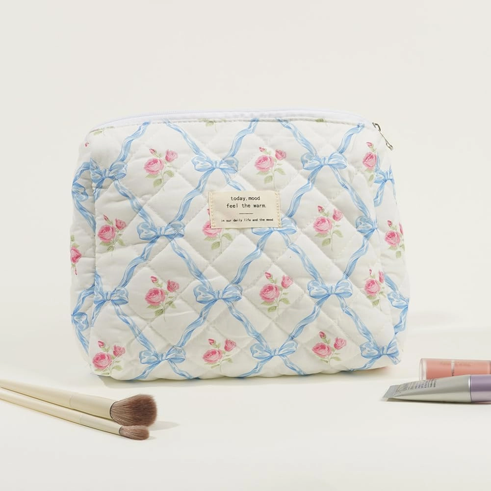 Quilted Makeup Bag Set, Cute Floral Cotton Makeup Bag, 3 in 1 Set, Travel Toiletry Bag, Bow Tie A