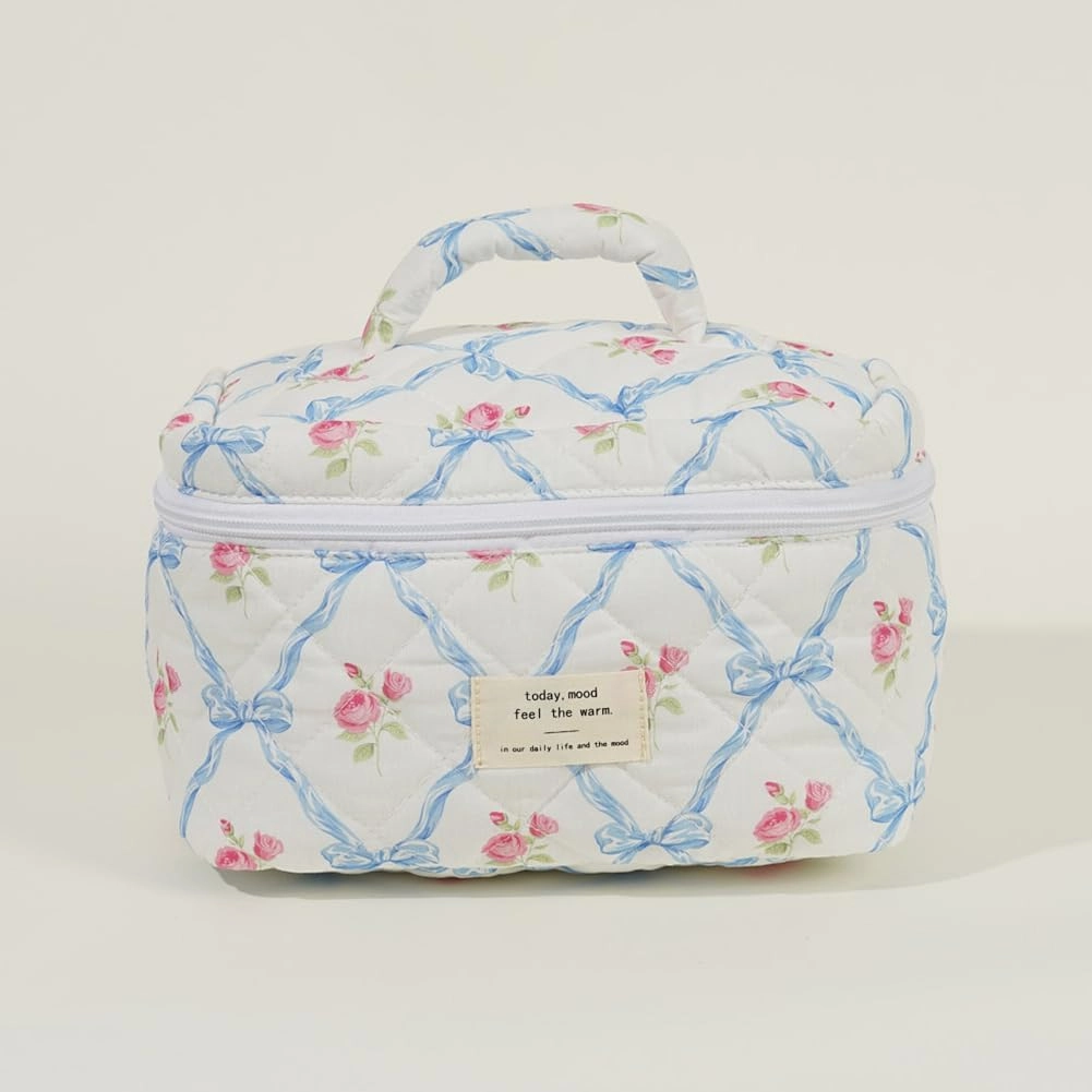 Quilted Makeup Bag Set, Cute Floral Cotton Makeup Bag, 3 in 1 Set, Travel Toiletry Bag, Bow Tie A
