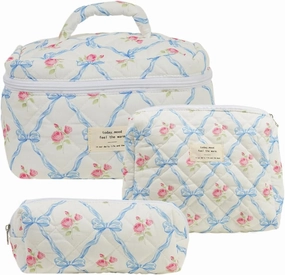 Quilted Makeup Bag Set, Cute Floral Cotton Makeup Bag, 3 in 1 Set, Travel Toiletry Bag, Bow Tie A