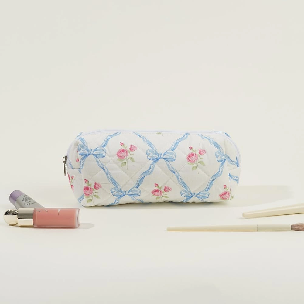 Quilted Makeup Bag Set, Cute Floral Cotton Makeup Bag, 3 in 1 Set, Travel Toiletry Bag, Bow Tie A