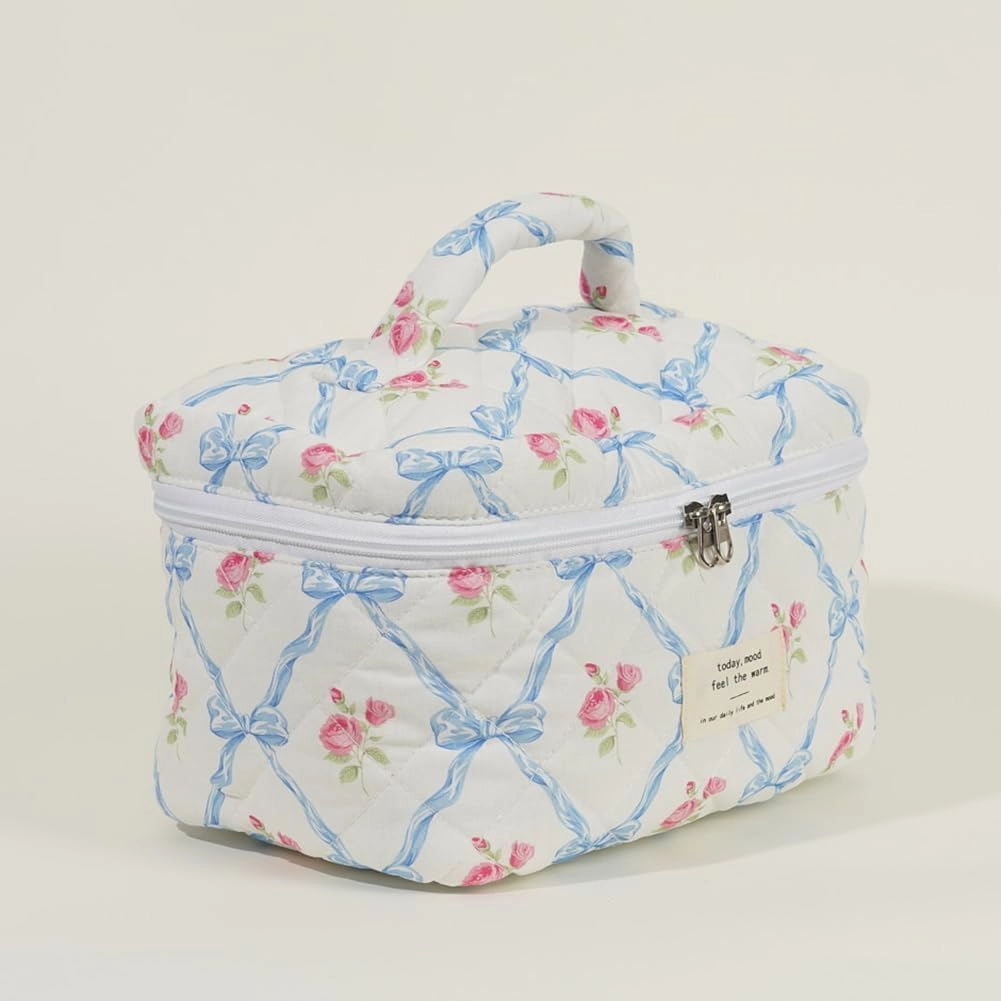 Quilted Makeup Bag Set, Cute Floral Cotton Makeup Bag, 3 in 1 Set, Travel Toiletry Bag, Bow Tie A