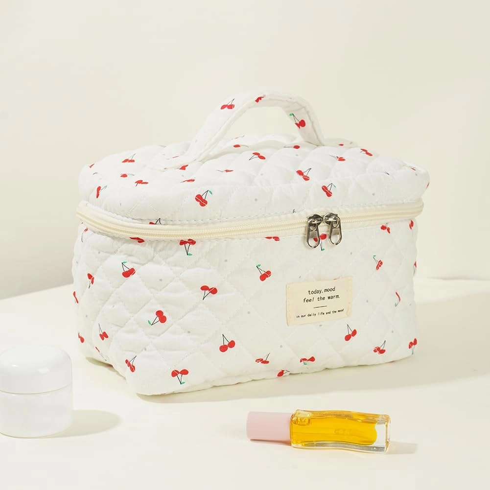 Quilted Makeup Bag Set, Cute Makeup Bag, Cotton Floral Makeup Bag Set, Aesthetic Coquette Toiletrybag, for Travel Toiletry (cherry)