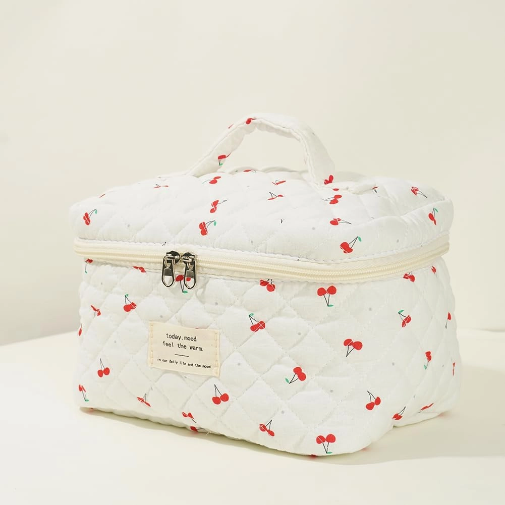 Quilted Makeup Bag Set, Cute Makeup Bag, Cotton Floral Makeup Bag Set, Aesthetic Coquette Toiletrybag, for Travel Toiletry (cherry)