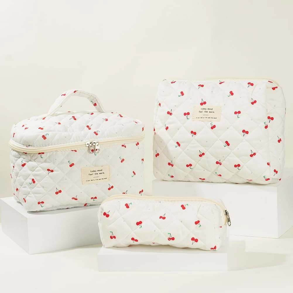 Quilted Makeup Bag Set, Cute Makeup Bag, Cotton Floral Makeup Bag Set, Aesthetic Coquette Toiletrybag, for Travel Toiletry (cherry)