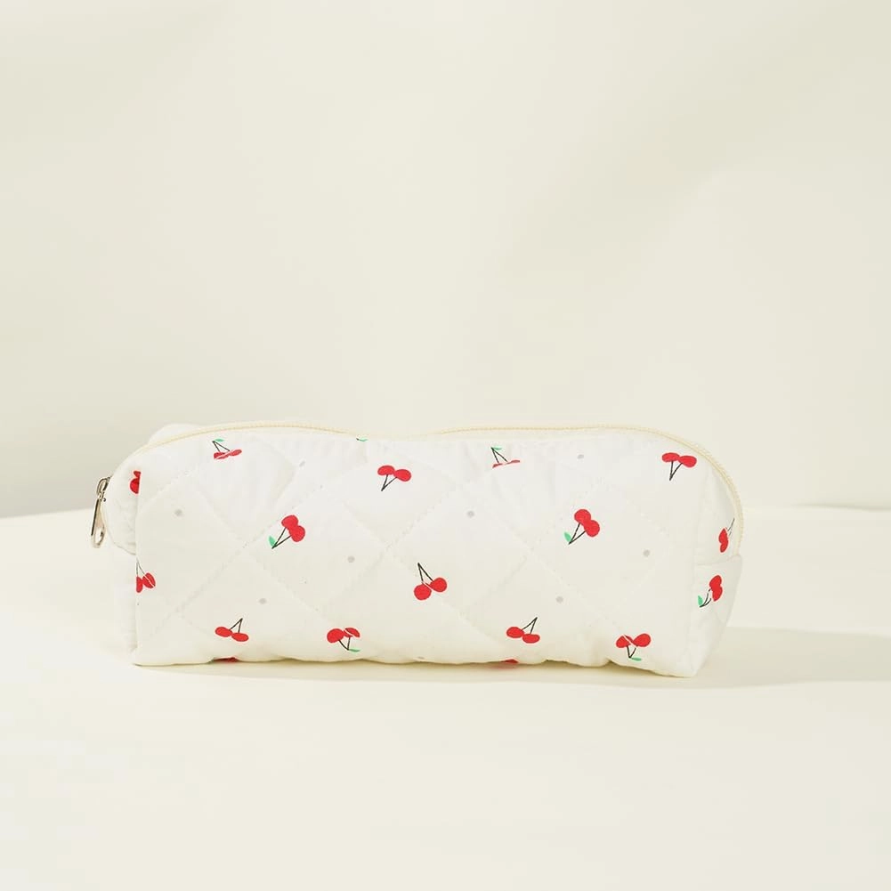 Quilted Makeup Bag Set, Cute Makeup Bag, Cotton Floral Makeup Bag Set, Aesthetic Coquette Toiletrybag, for Travel Toiletry (cherry)