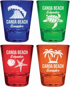 R and R Imports Canoa Beach Ecuador Souvenir 4-Pack Multicolor Engraved Round Shot Glasses Beach Set