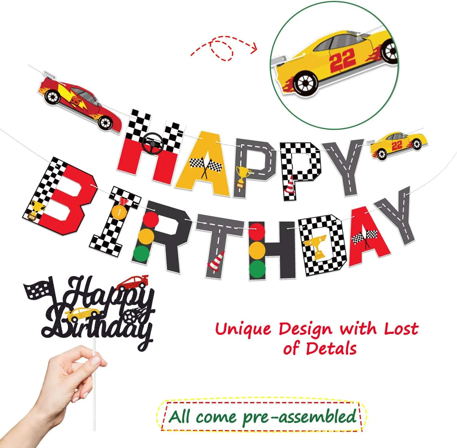 Race Car Birthday Party Supplies, Race Car Birthday Banner and Cake Topper Racing Chequered Flag Hot Wheel Themed Birthday Party Supplies