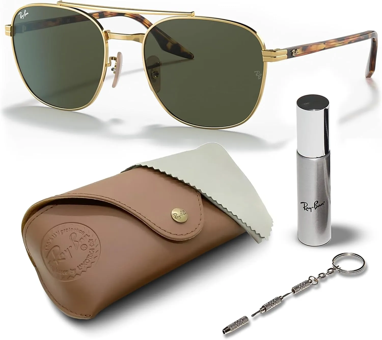 Ray-Ban RB3688 Square Shape Sunglasses With Eyewear Kit Bundle - Adjustable Nose Pads - Ideal Formal and Casual Wear Square Sunglasses