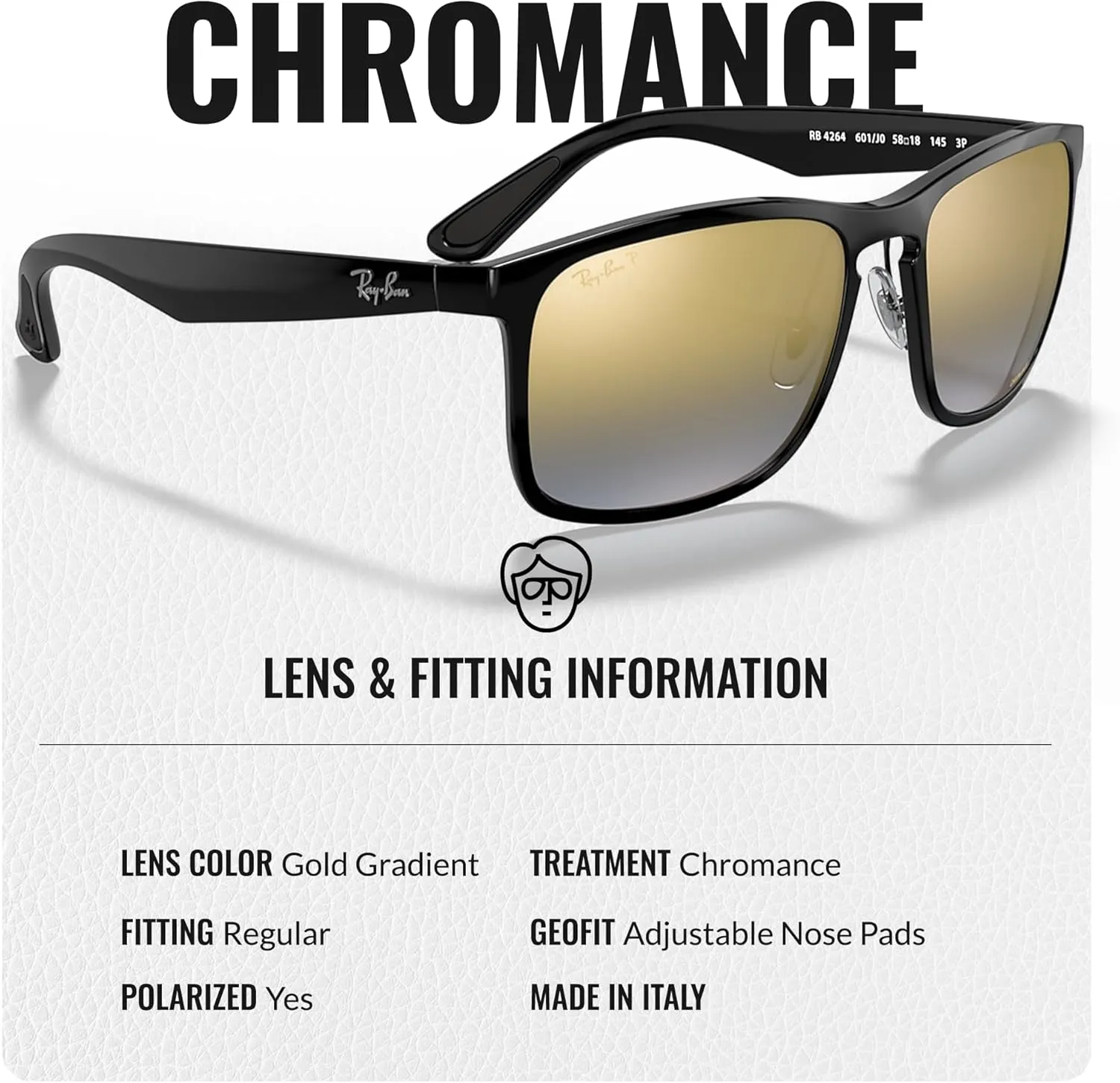 Ray-Ban RB4264 CHROMANCE Square Shape Sunglasses With Eyewear Kit Bundle - Adjustable Nose Pads - Square Sunglasses