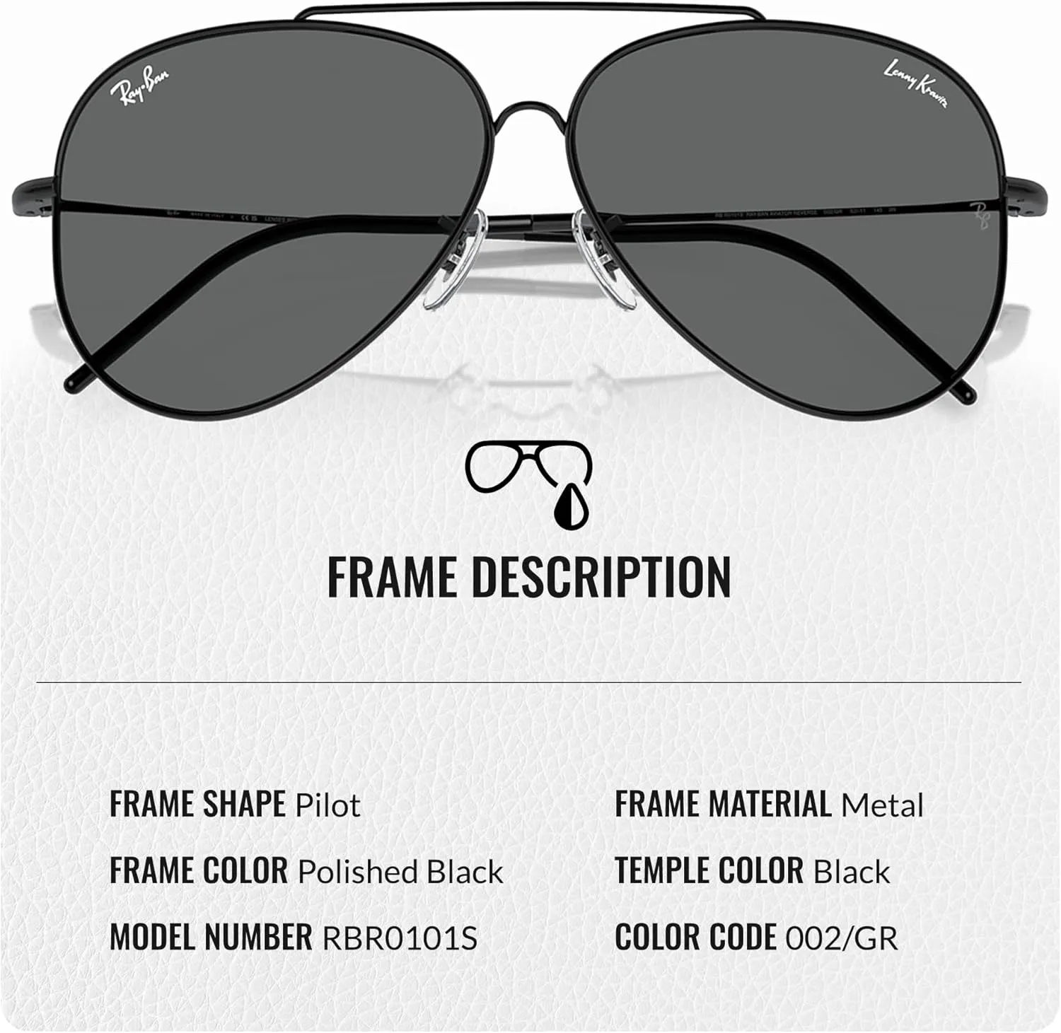 Ray-Ban RBR0101S LENNY KRAVITZ X AVIATOR REVERSE Sunglasses With Eyewear Kit Bundle - Adjustable Nose Pads
