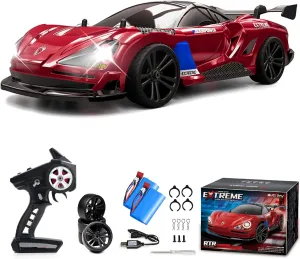 RC Drift Car, 1/16 Drifting RC Cars High Speed Fast 4WD Remote Control Car Rechargeable Racing Cars 2.4Ghz with Two Batteries LED Lights Racing for Kids and Adults