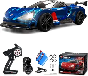 RC Drift Car, 1:16 RC Drifting Car Remote Control Car Rechargeable High Speed RC Cars Toys 4WD 2.4GHz Full Scale Blue RC Racing Cars with LED Lights Two Batteries for Boys and Adults