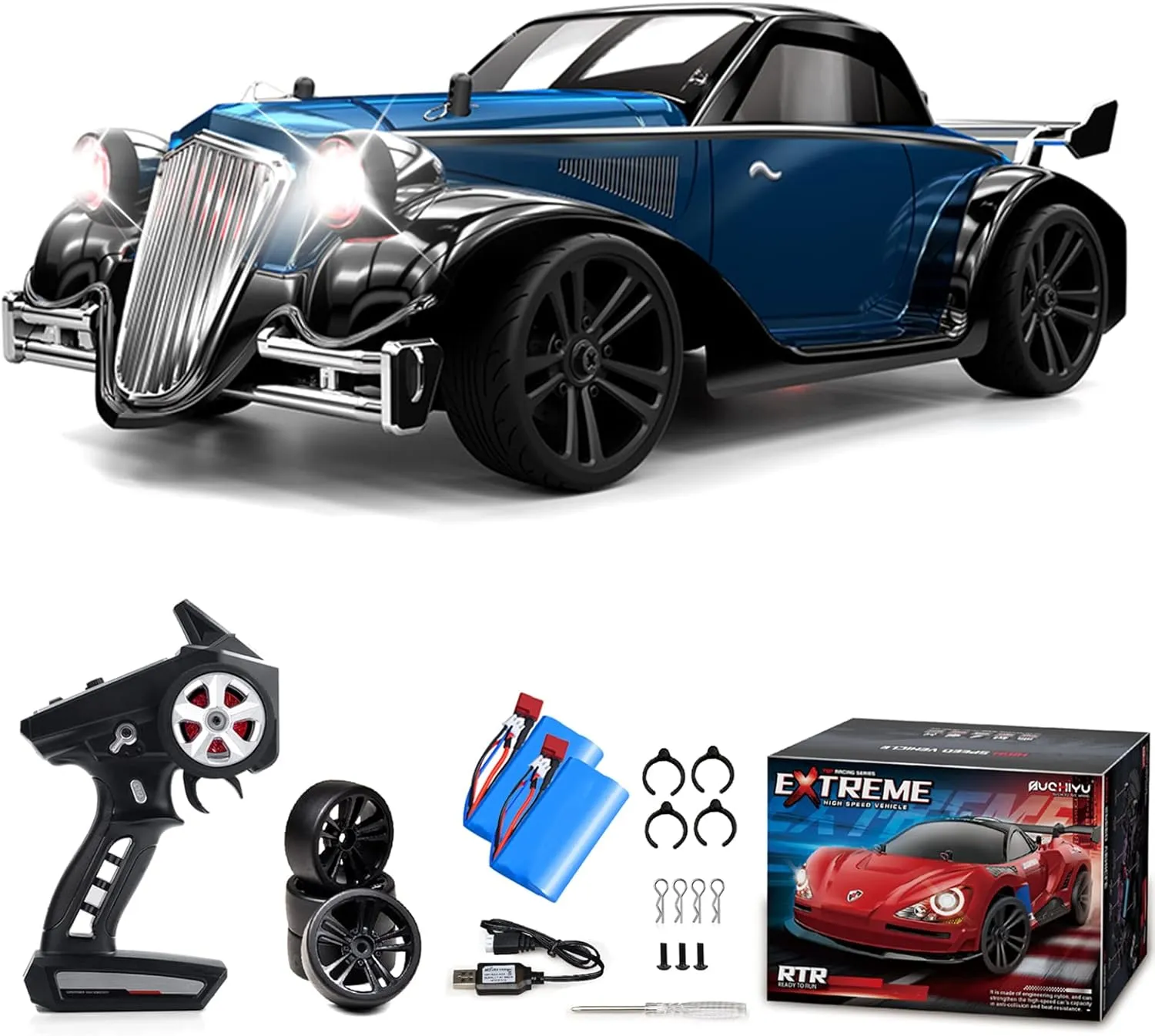 RC Drift Car, 1:16 RC Drifting Car Remote Control Car Rechargeable High Speed RC Cars Toys 4WD 2.4GHz Full Scale Blue RC Racing Cars with LED Lights Two Batteries for Boys and Adults