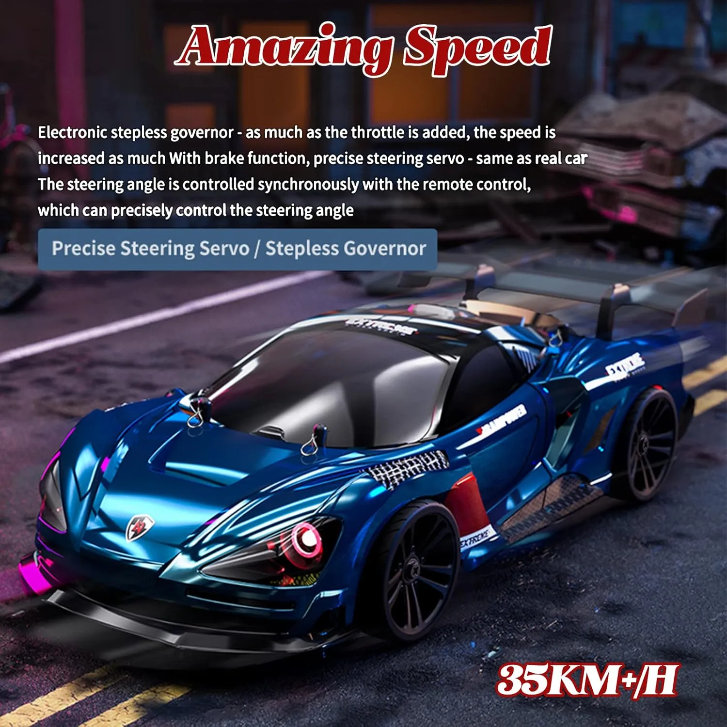 RC Drift Car, 1:16 RC Drifting Car Remote Control Car Rechargeable High Speed RC Cars Toys 4WD 2.4GHz Full Scale Blue RC Racing Cars with LED Lights Two Batteries for Boys and Adults