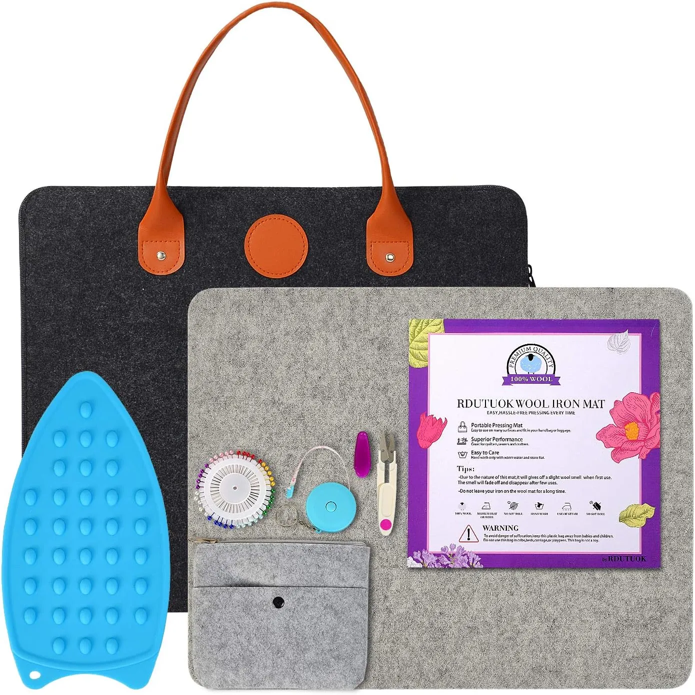 Rdutuok 17“x13.5” Wool Pressing Mat for Quilting with Carrying Case and Silicone Iron Rest pad,100% New Zealand Wool Felted Ironing Pad or Quilting Wooly Felted Iron Board for Retains Heat
