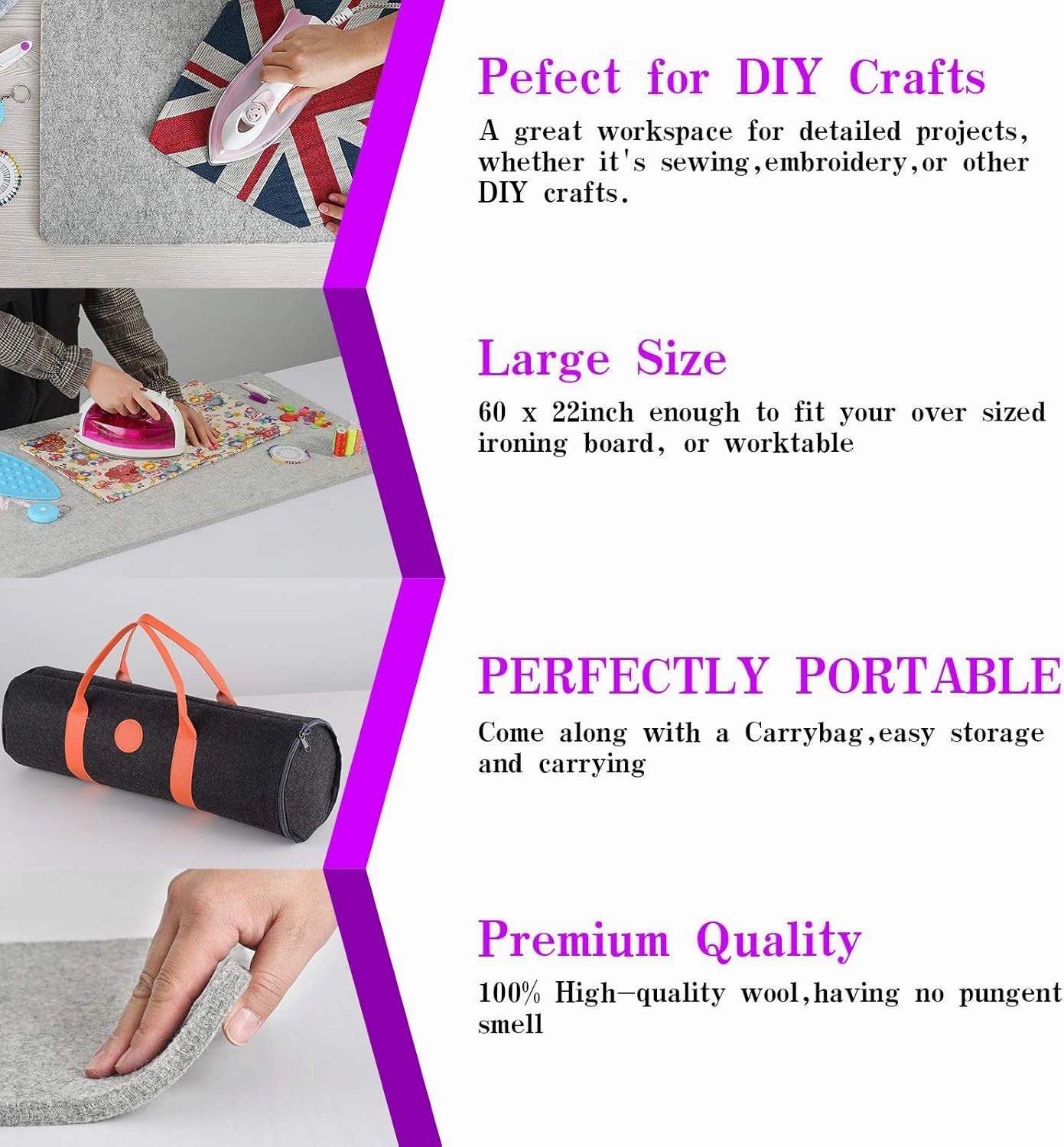 Rdutuok 60 x 22 inches Wool Pressing Mat for Quilting Large Size New Zealand Wool Mat with Scissors, Tape,Felt Storage Case,Iron Rest pad and 40Pcs Sewing Pins