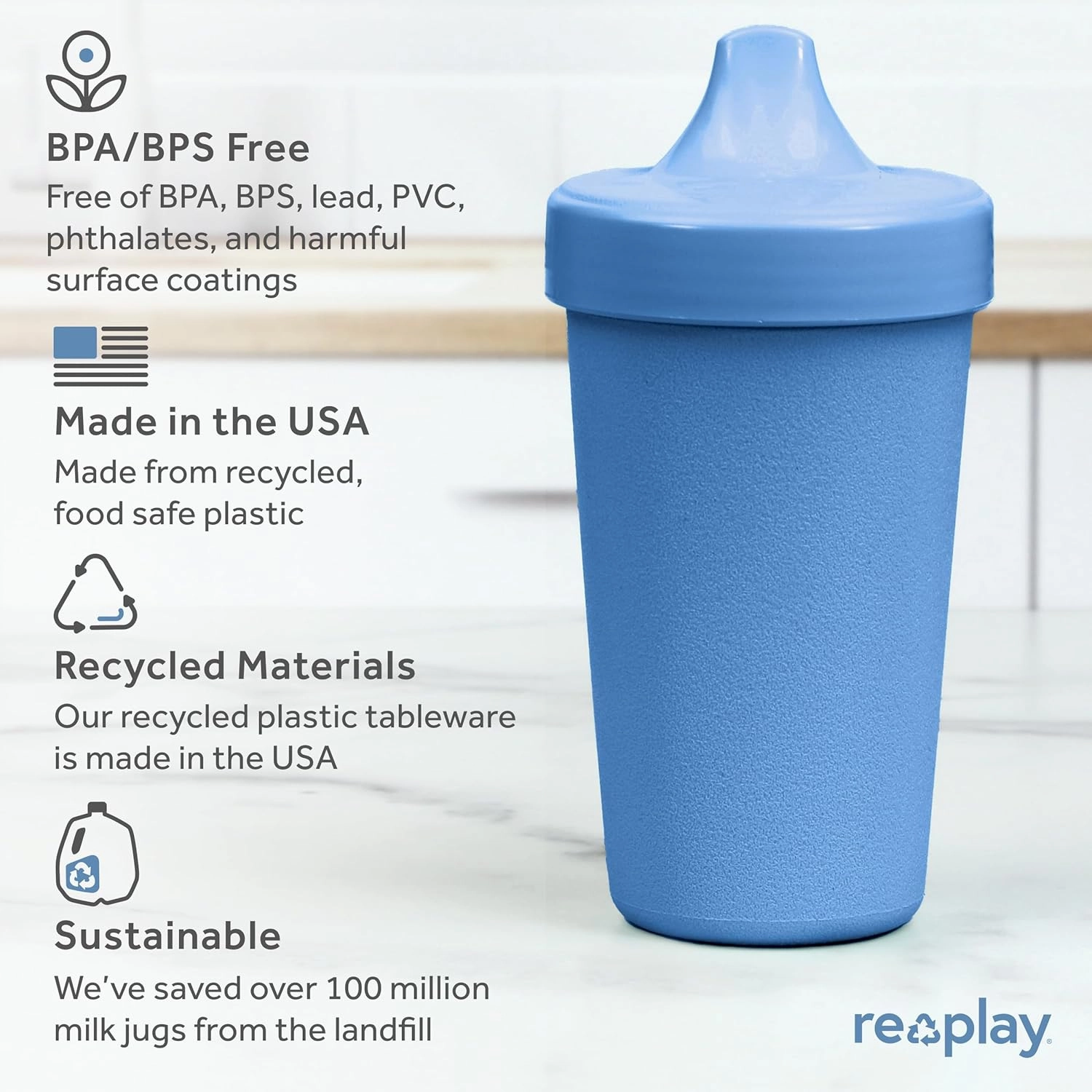 Re-Play Sippy Cups for Toddlers - 10 Oz. Reusable Spill Proof Cups for Kids, Dishwasher/Microwave Safe - Made in USA - Set of 4-3.13" x 6.25" - Cool Blues