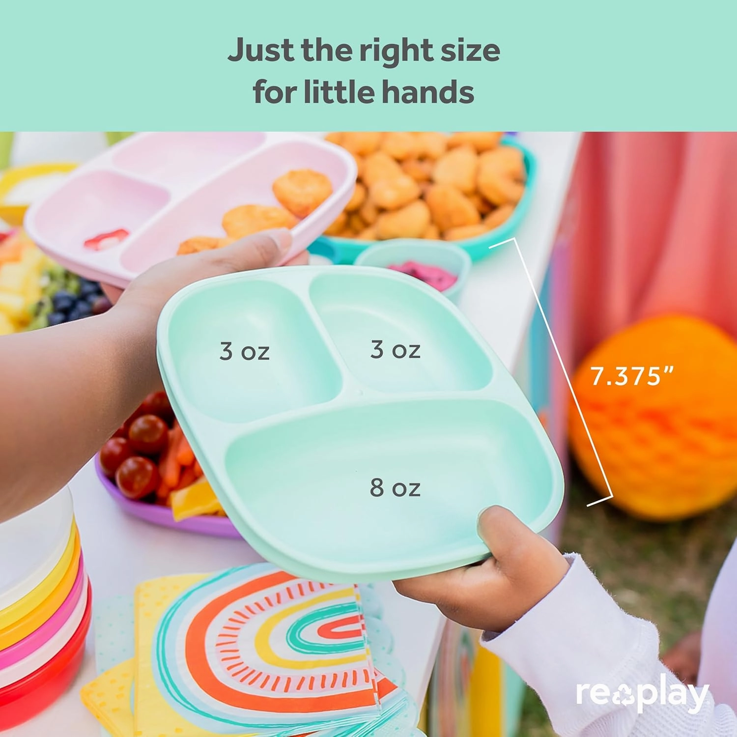 Re-Play Toddler Plates with Dividers - Deep-Walled 3 Compartments Divided Plates for Kids with 3 Lids - Dishwasher & Microwave Safe - Made in USA - Set of 3-7.37" x 7.37" x 1.25" - Aqua Asst
