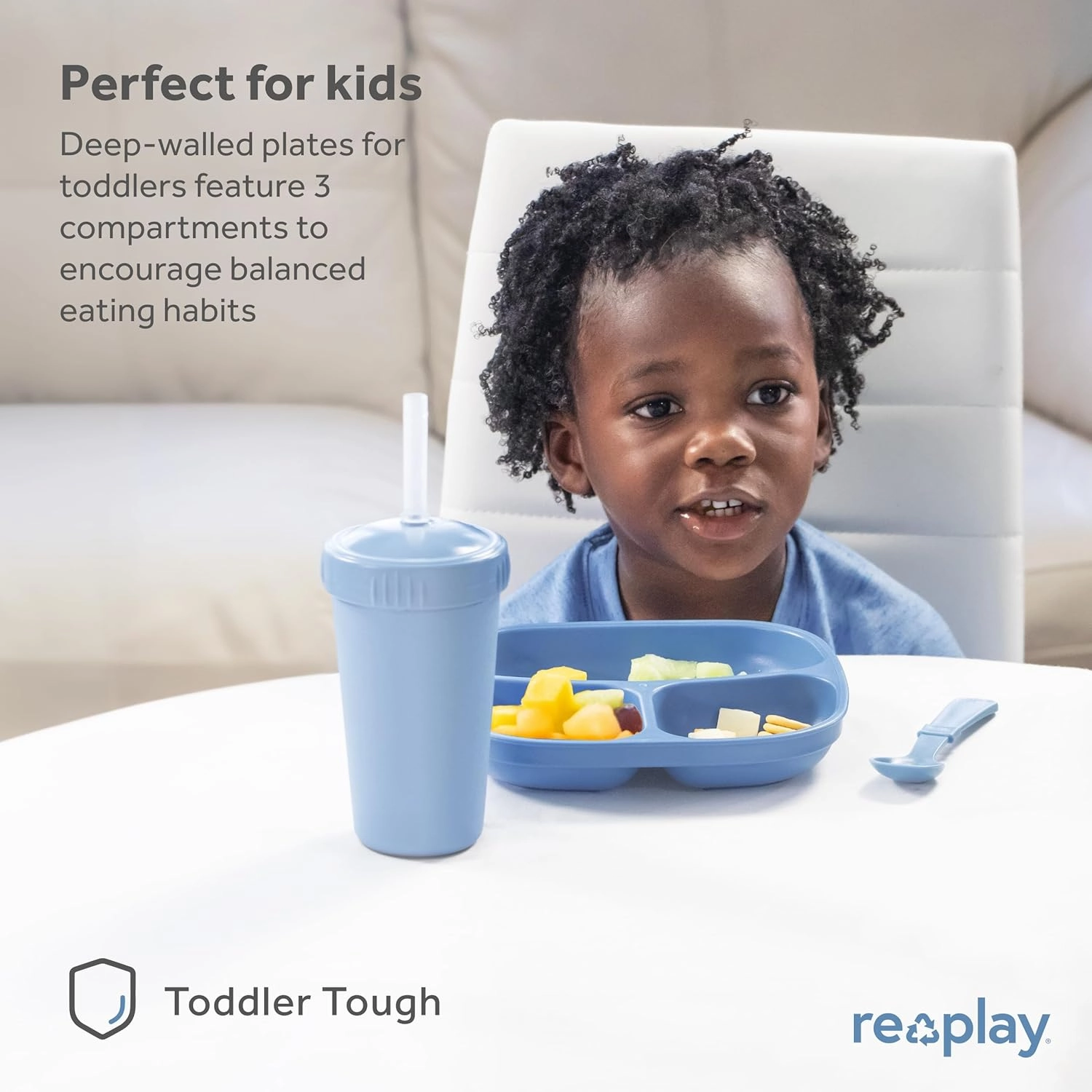 Re-Play Toddler Plates with Dividers - Deep-Walled 3 Compartments Divided Plates for Kids with 3 Lids - Dishwasher & Microwave Safe - Made in USA - Set of 3-7.37" x 7.37" x 1.25" - Aqua Asst
