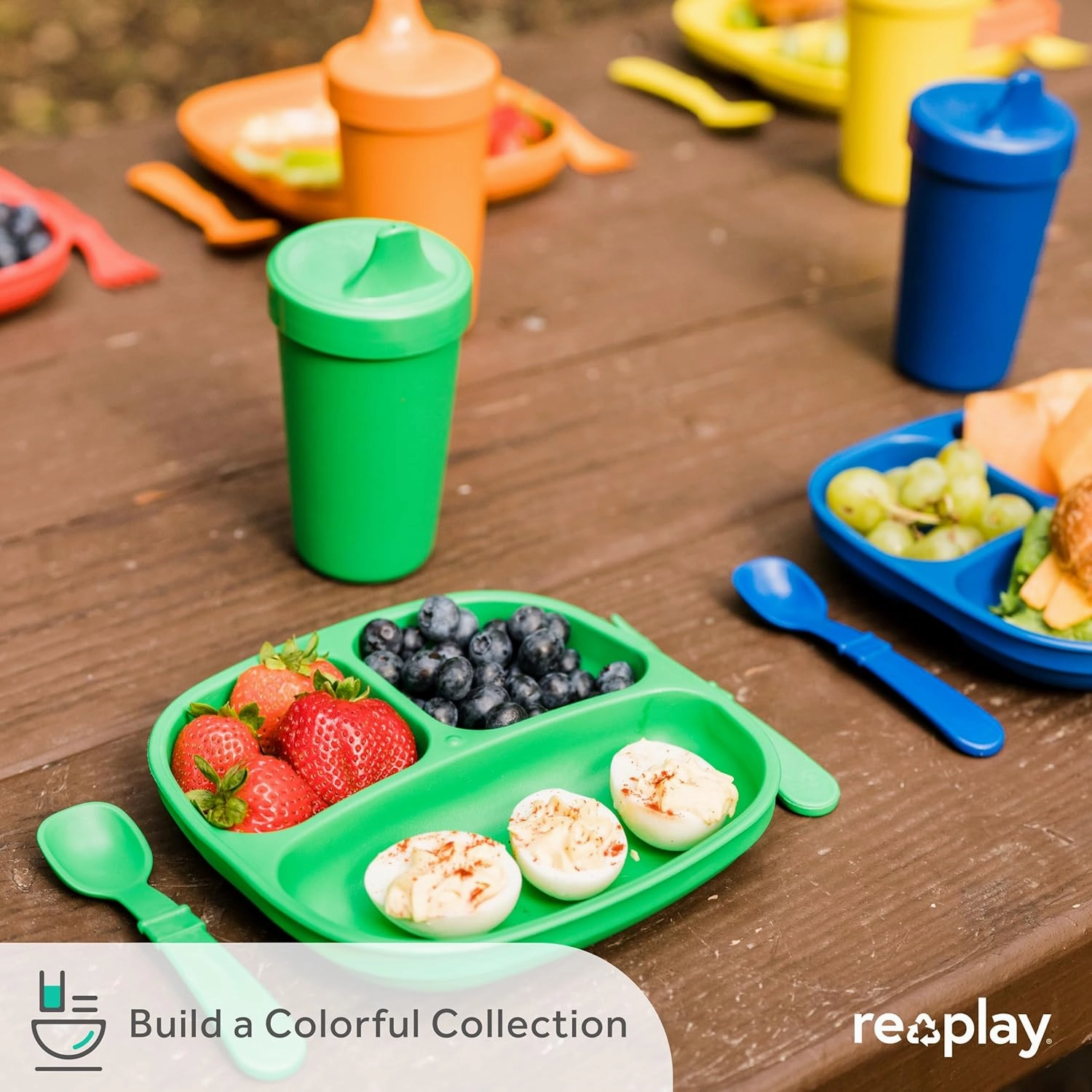 Re-Play Toddler Plates with Dividers - Deep-Walled 3 Compartments Divided Plates for Kids with 3 Lids - Dishwasher & Microwave Safe - Made in USA - Set of 3-7.37" x 7.37" x 1.25" - Beach Baby
