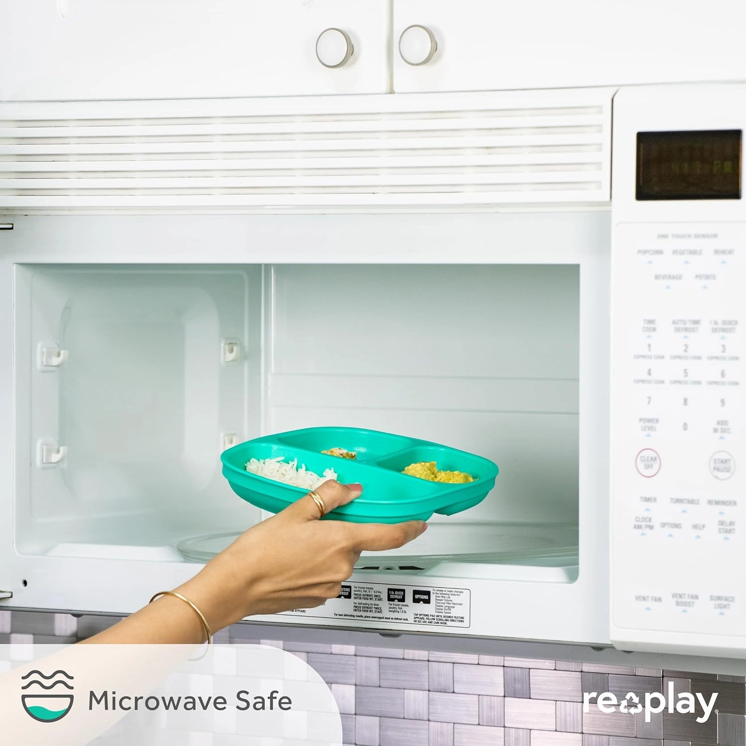 Re-Play Toddler Plates with Dividers - Deep-Walled 3 Compartments Divided Plates for Kids with 3 Lids - Dishwasher & Microwave Safe - Made in USA - Set of 3-7.37" x 7.37" x 1.25" - Beach Baby