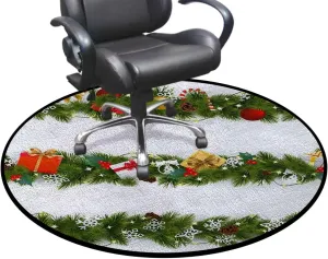 Red Green Yellow Round Area Chair Mat for Hardwood Floors, Wreath and New Year Pictures Swivel Chair Protector, Protect The Floor from Scratches, Christmas Diameter 55 in