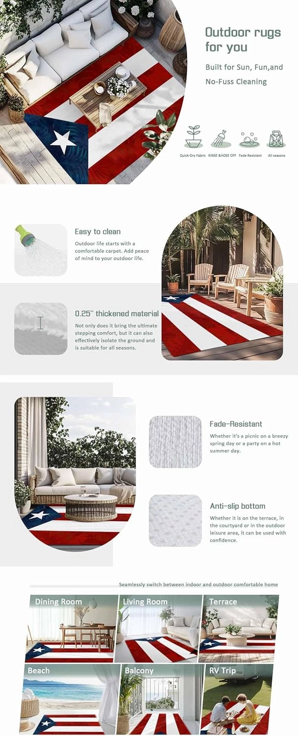 Red Blue Outdoor Rug 4x6ft Large Patio Rug, Washable RV Camping Outside Area Runner Rug Mat, National Star Stripe Flag Indoor Outdoor Carpet for Picnic Backyard Deck Porch Balcony Beach