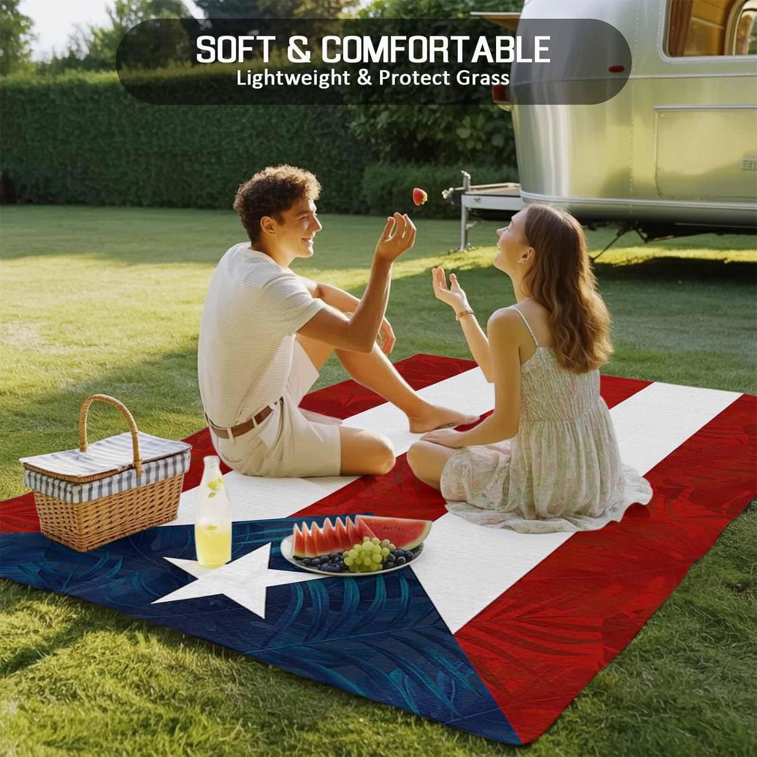 Red Blue Outdoor Rug 4x6ft Large Patio Rug, Washable RV Camping Outside Area Runner Rug Mat, National Star Stripe Flag Indoor Outdoor Carpet for Picnic Backyard Deck Porch Balcony Beach
