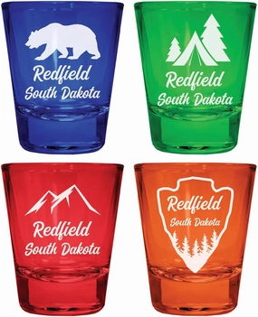 Redfield South Dakota Souvenir 4-Pack Multicolor Engraved Round Shot Glasses Camping and Outdoors Set