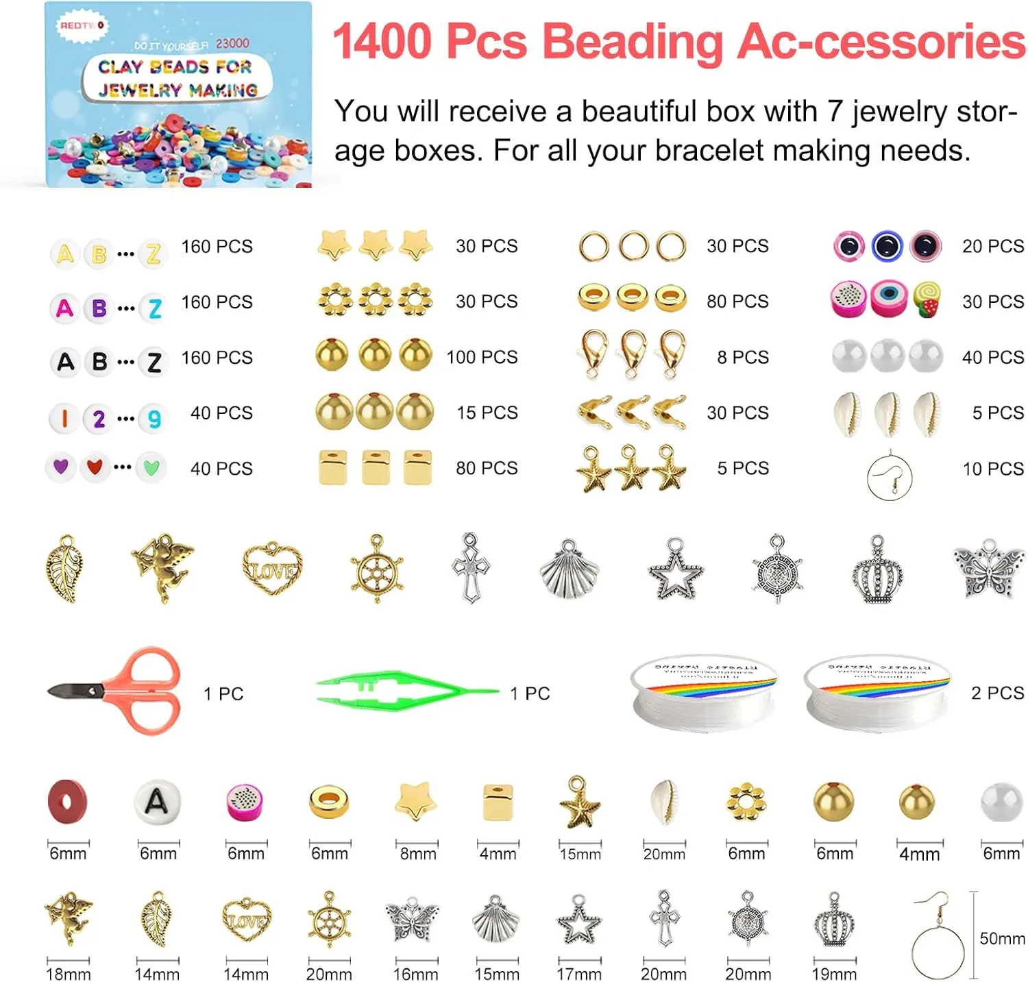 Redtwo 23000 Pcs Clay Beads Bracelet Making Kit 144 Colors 7 Boxes Flat Polymer Heishi Beads Set for Friendship Jewelry Making with Pendant Charms Crafts Gifts for Girls Ages 6-12 Kids Adults