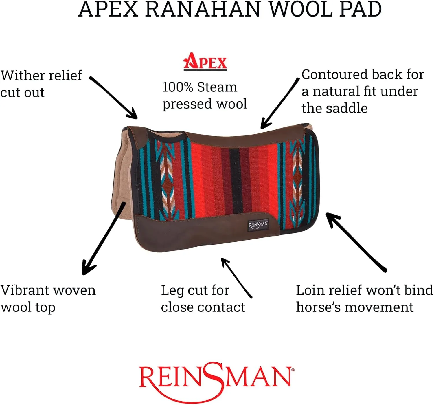Reinsman APEX Ranahan Wool Soft Breathable Shock-Absorbing Fleece-Lined Moisture-Wicking Contoured Back Protection Wither Relief Horse Riding Saddle Pad
