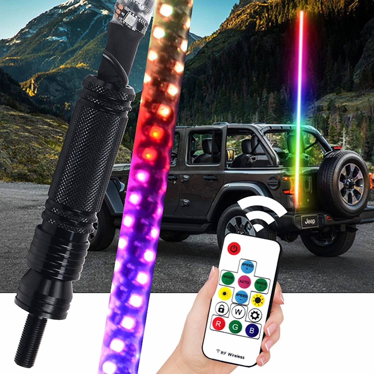 REMOTE CONTROL SPIRAL ANTENNA WHIP LIGHT RGB LED STRIP LIGHT 4 FEET HEIGHT - 100332