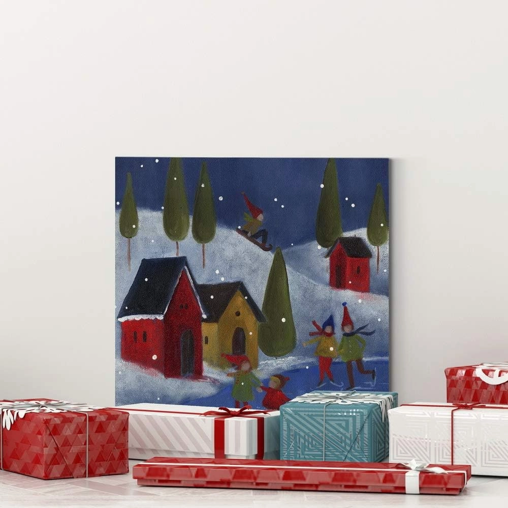 Renditions Gallery Winter Snow Scene II Wall Art, Cute Christmas Artwork, Sledding, Ice Skating, Red Houses, Premium Gallery Wrapped Canvas Decor, Ready to Hang, 10 in H x 10 in W, Made in America