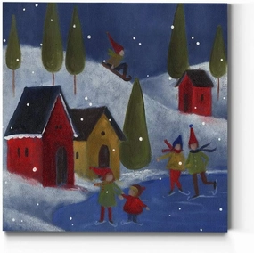 Renditions Gallery Winter Snow Scene II Wall Art, Cute Christmas Artwork, Sledding, Ice Skating, Red Houses, Premium Gallery Wrapped Canvas Decor, Ready to Hang, 10 in H x 10 in W, Made in America